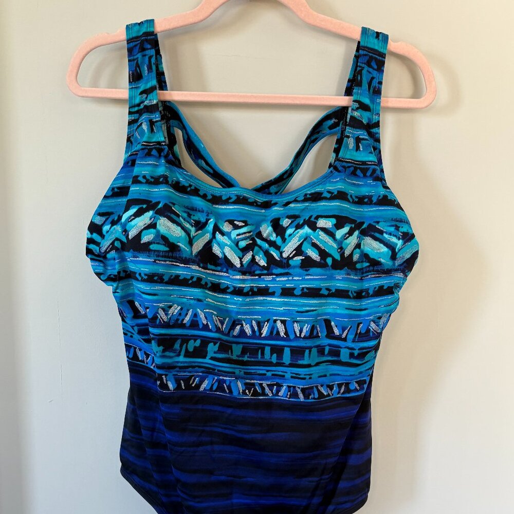 Great‎ Lengths Blue Abstract One Piece Swimsuit Womens Size 18 Tummy Control